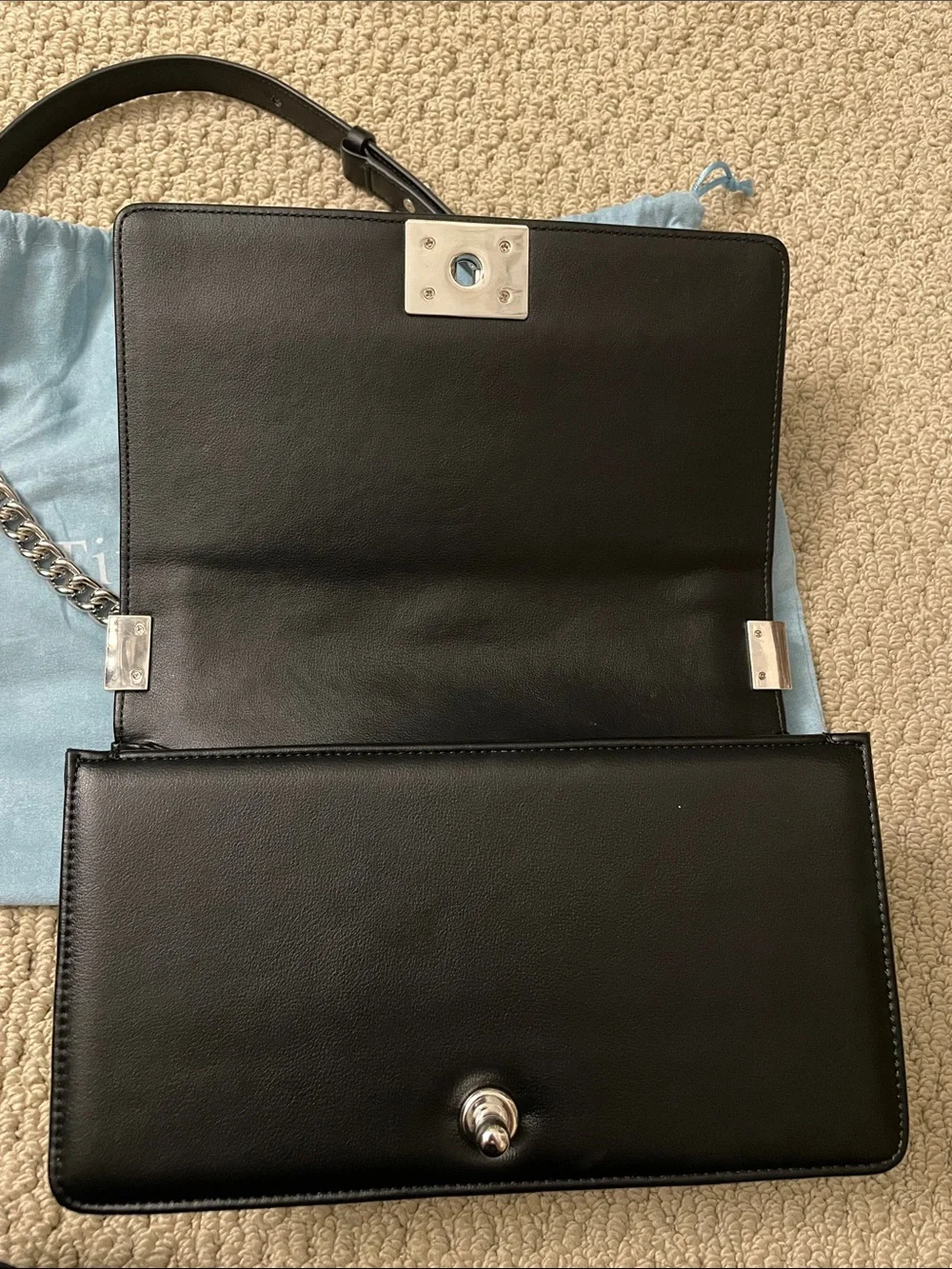 Tiffany & Fred Black Chevron Leather Crossbody with Silver Chain - Picture 9 of 14
